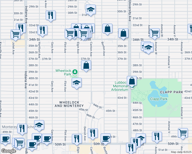 map of restaurants, bars, coffee shops, grocery stores, and more near 2708 40th Street in Lubbock