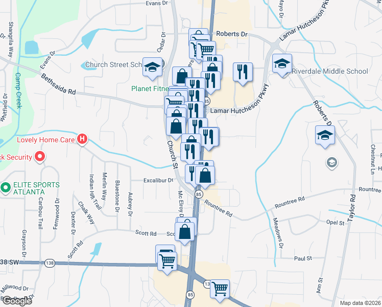 map of restaurants, bars, coffee shops, grocery stores, and more near 7227 Georgia 85 in Riverdale