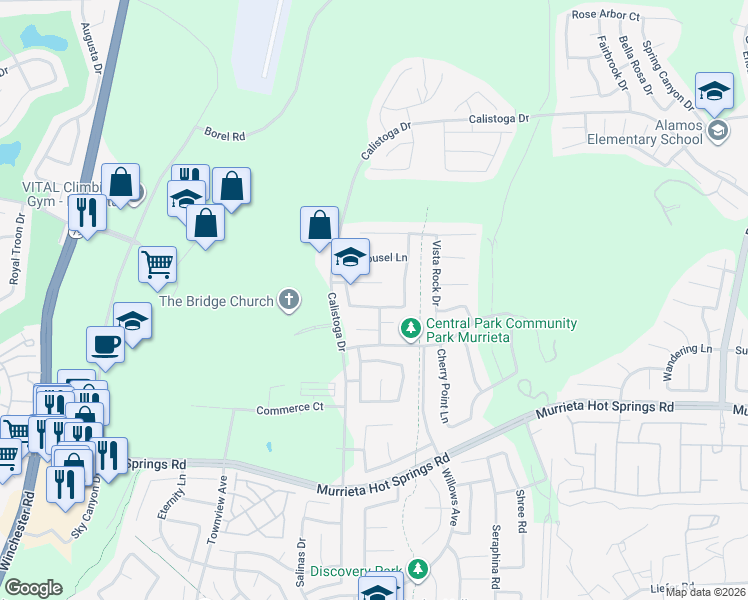 map of restaurants, bars, coffee shops, grocery stores, and more near 30618 Lily Pond Lane in Murrieta