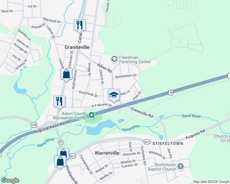 map of restaurants, bars, coffee shops, grocery stores, and more near 101 Mack Lane in Graniteville