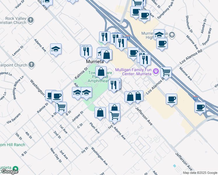 map of restaurants, bars, coffee shops, grocery stores, and more near Juniper Street in Murrieta