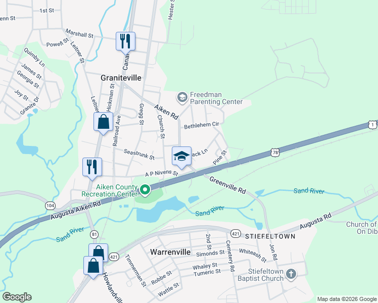 map of restaurants, bars, coffee shops, grocery stores, and more near 101 Mack Lane in Graniteville