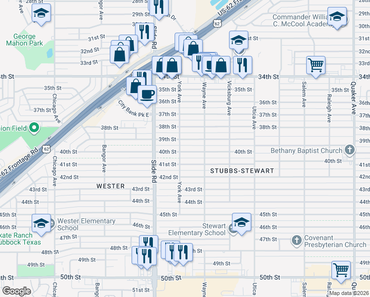 map of restaurants, bars, coffee shops, grocery stores, and more near 5020 40th Street in Lubbock