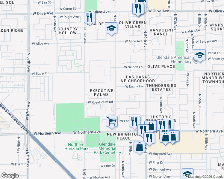 map of restaurants, bars, coffee shops, grocery stores, and more near 8246 North 61st Avenue in Glendale