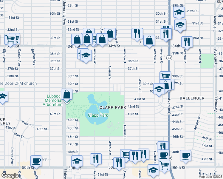 map of restaurants, bars, coffee shops, grocery stores, and more near 2114 40th Street in Lubbock