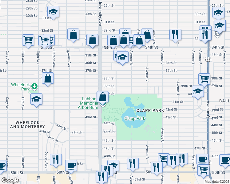 map of restaurants, bars, coffee shops, grocery stores, and more near 2320 40th Street in Lubbock