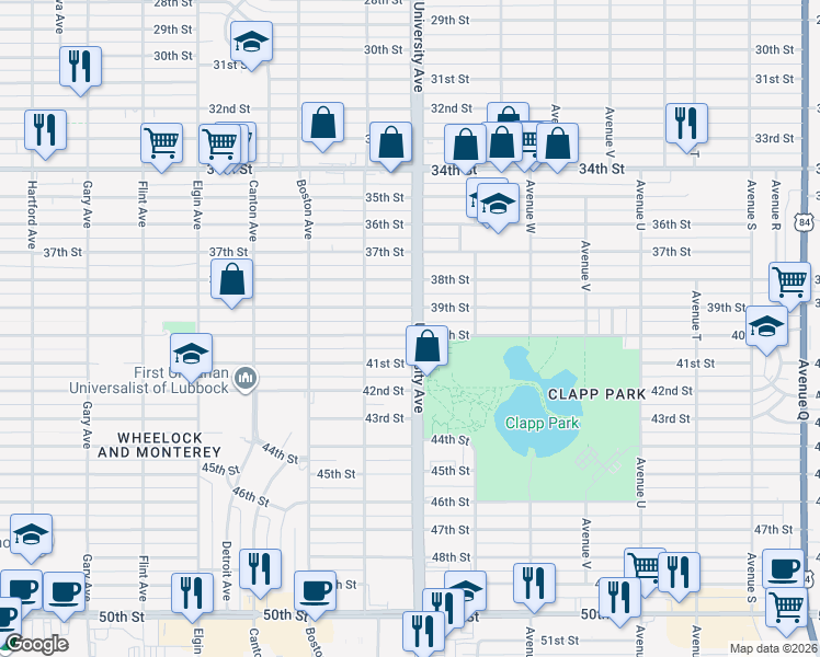 map of restaurants, bars, coffee shops, grocery stores, and more near 2506 40th Street in Lubbock