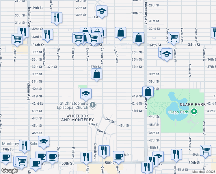 map of restaurants, bars, coffee shops, grocery stores, and more near 2708 40th Street in Lubbock