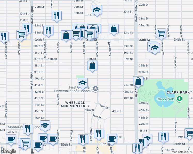 map of restaurants, bars, coffee shops, grocery stores, and more near 2720 40th Street in Lubbock