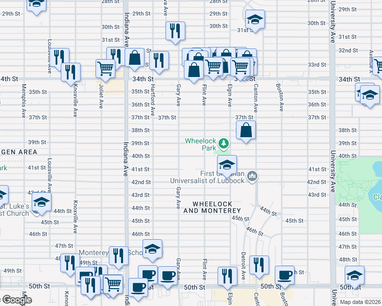 map of restaurants, bars, coffee shops, grocery stores, and more near 3114 40th Street in Lubbock