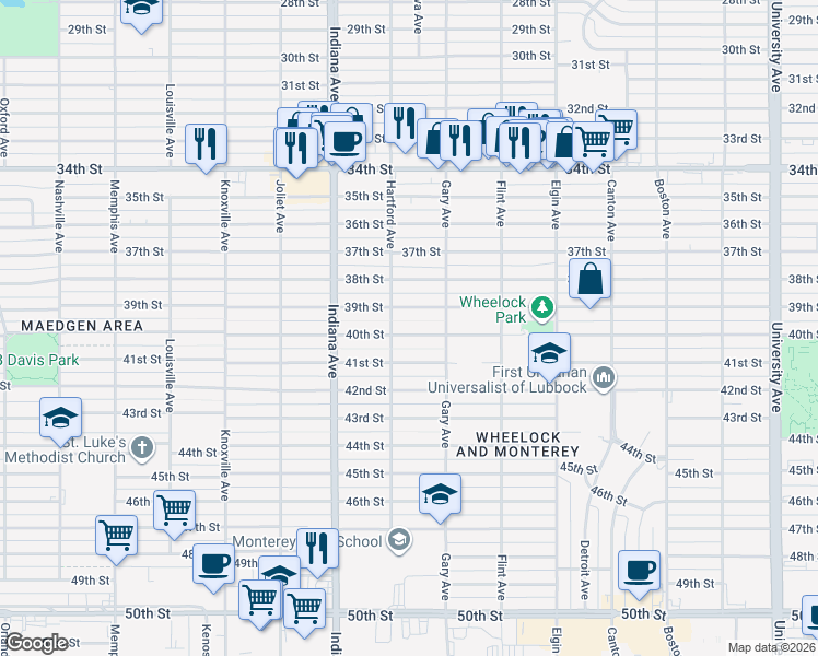 map of restaurants, bars, coffee shops, grocery stores, and more near 3208-3210 40th Street in Lubbock