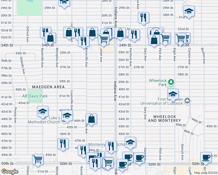 map of restaurants, bars, coffee shops, grocery stores, and more near 3414 40th Street in Lubbock