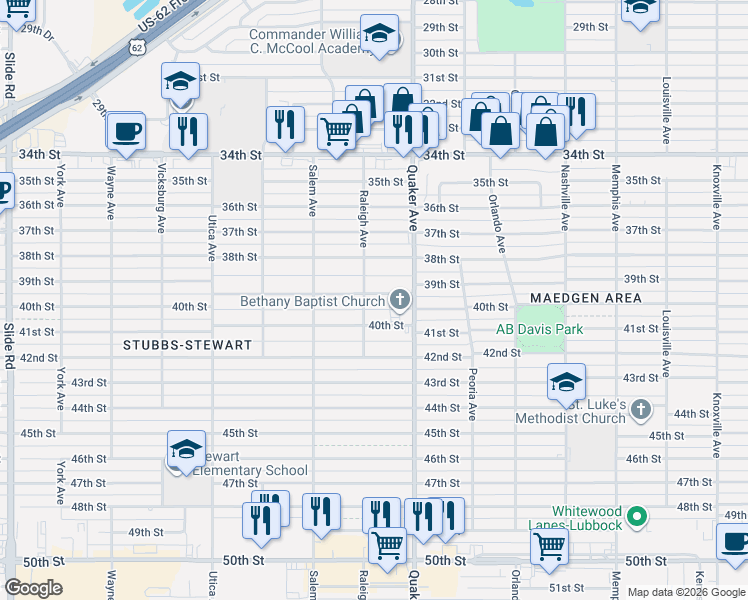 map of restaurants, bars, coffee shops, grocery stores, and more near 4421 39th Street in Lubbock