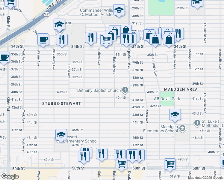 map of restaurants, bars, coffee shops, grocery stores, and more near 4421 39th Street in Lubbock
