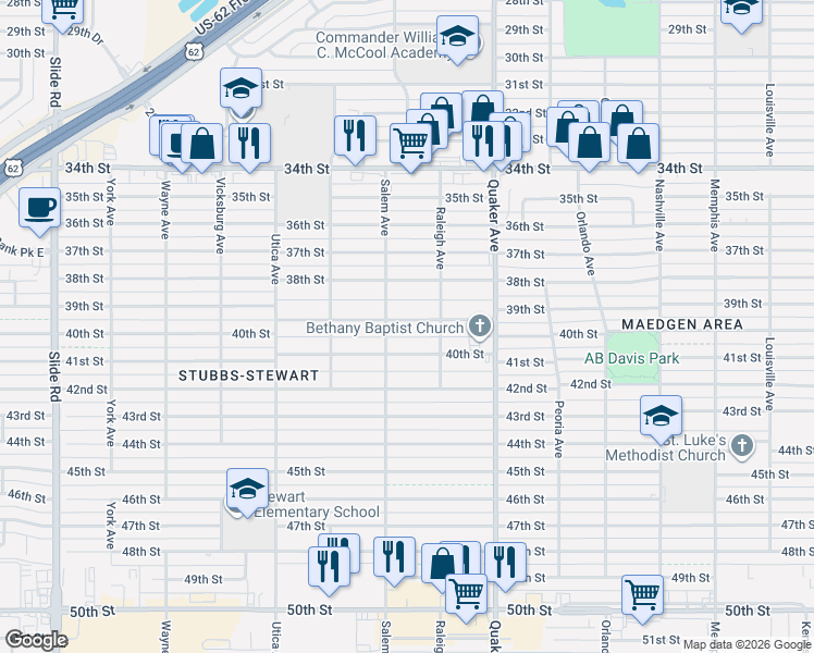 map of restaurants, bars, coffee shops, grocery stores, and more near 4513 39th Street in Lubbock