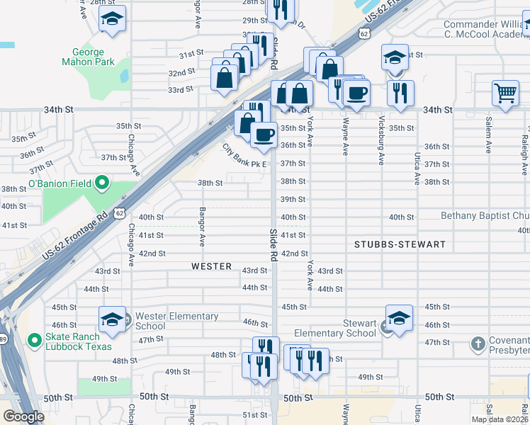 map of restaurants, bars, coffee shops, grocery stores, and more near 5210 40th Street in Lubbock