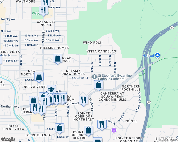 map of restaurants, bars, coffee shops, grocery stores, and more near 1540 East El Camino Drive in Phoenix