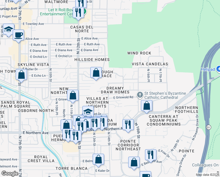 map of restaurants, bars, coffee shops, grocery stores, and more near 1412 East El Camino Drive in Phoenix