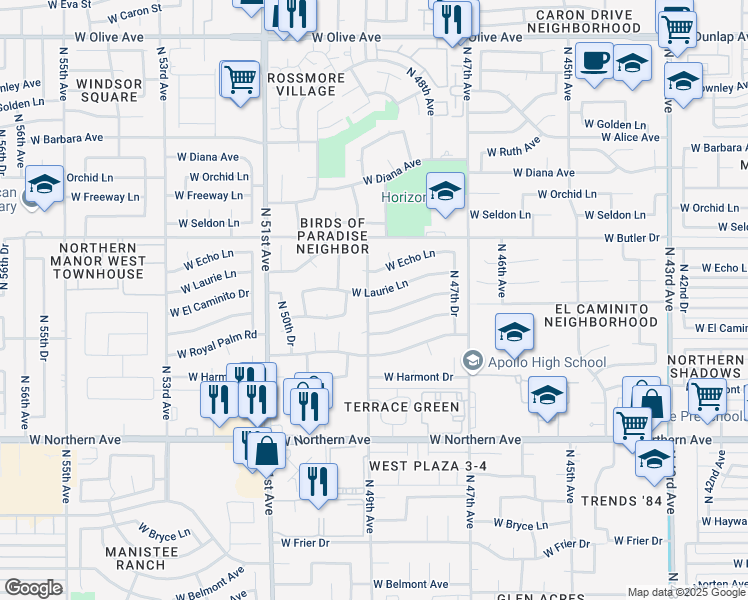 map of restaurants, bars, coffee shops, grocery stores, and more near 4832 West El Caminito Drive in Glendale