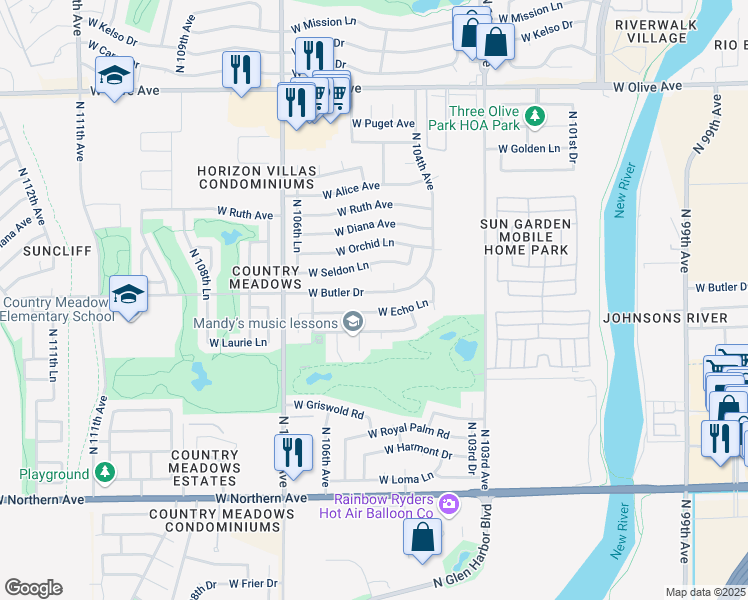 map of restaurants, bars, coffee shops, grocery stores, and more near 10450 West Echo Lane in Peoria