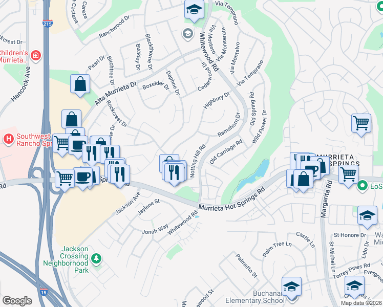 map of restaurants, bars, coffee shops, grocery stores, and more near 39804 Notting Hill Road in Murrieta