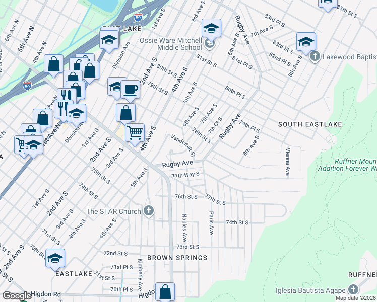 map of restaurants, bars, coffee shops, grocery stores, and more near 7715 7th Avenue South in Birmingham