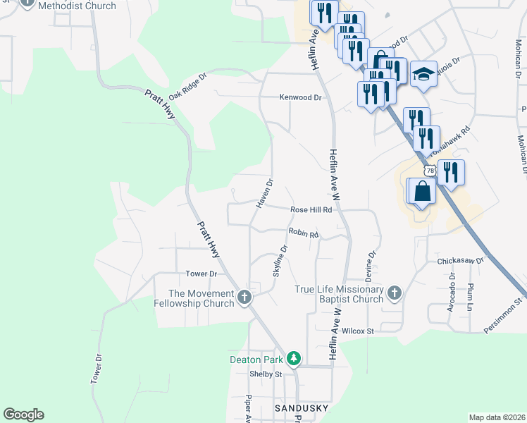 map of restaurants, bars, coffee shops, grocery stores, and more near 1249 Haven Drive in Birmingham