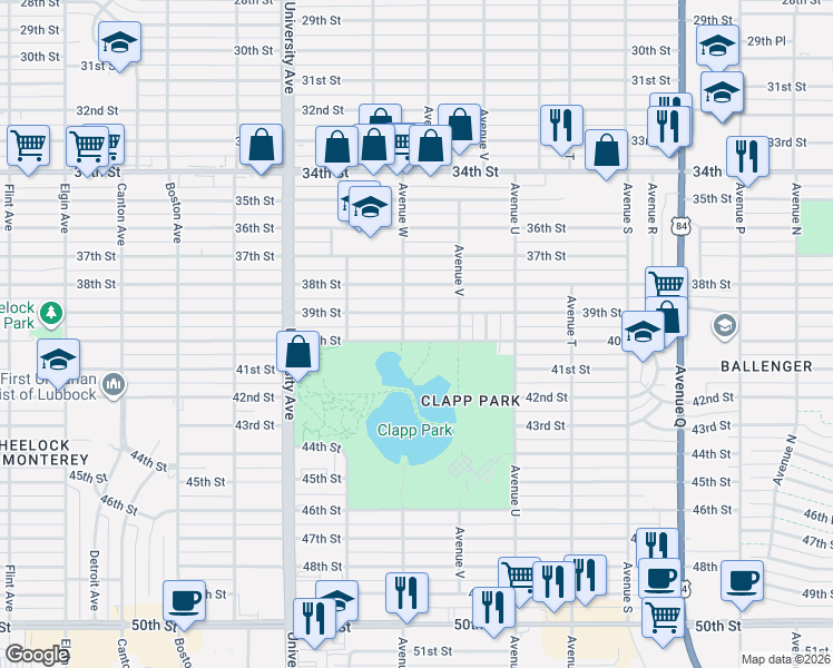 map of restaurants, bars, coffee shops, grocery stores, and more near 2220 40th Street in Lubbock