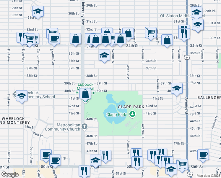 map of restaurants, bars, coffee shops, grocery stores, and more near 2304 40th Street in Lubbock