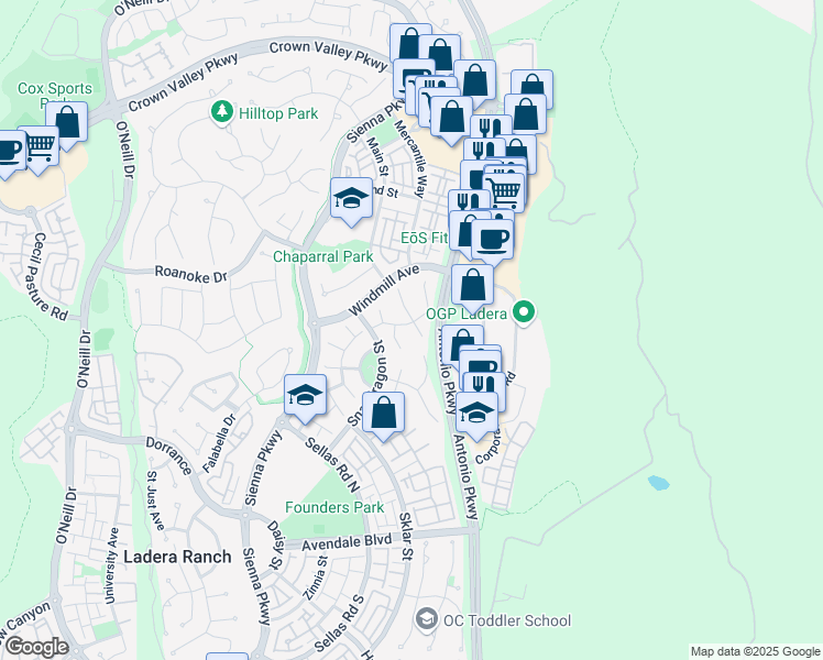 map of restaurants, bars, coffee shops, grocery stores, and more near 23 Sutherland Drive in Ladera Ranch