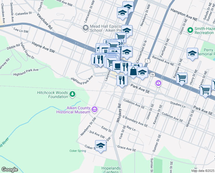 map of restaurants, bars, coffee shops, grocery stores, and more near 409 Sand River Court in Aiken