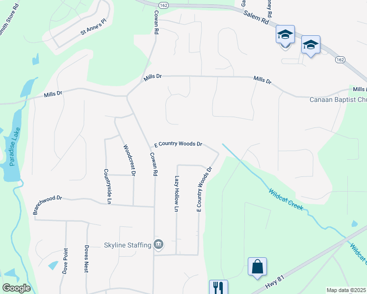 map of restaurants, bars, coffee shops, grocery stores, and more near 495 East Country Woods Drive in Covington