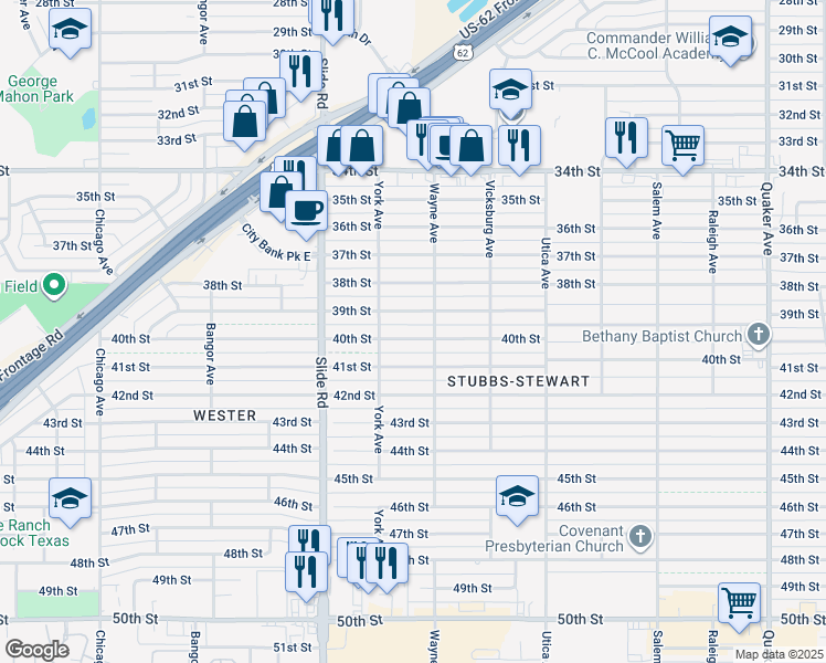 map of restaurants, bars, coffee shops, grocery stores, and more near 5010 40th St in Lubbock