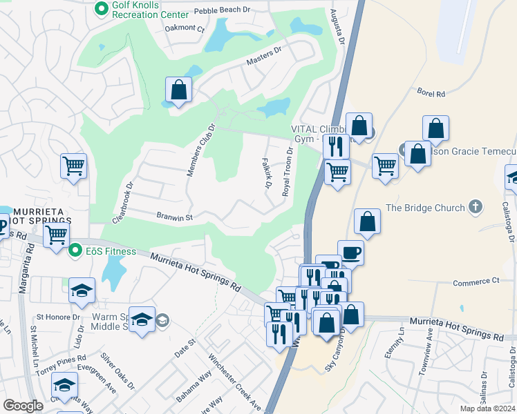 map of restaurants, bars, coffee shops, grocery stores, and more near 38723 Falkirk Drive in Murrieta