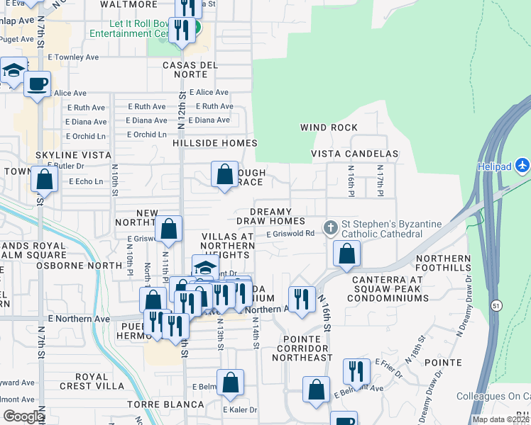 map of restaurants, bars, coffee shops, grocery stores, and more near 1412 East El Camino Drive in Phoenix