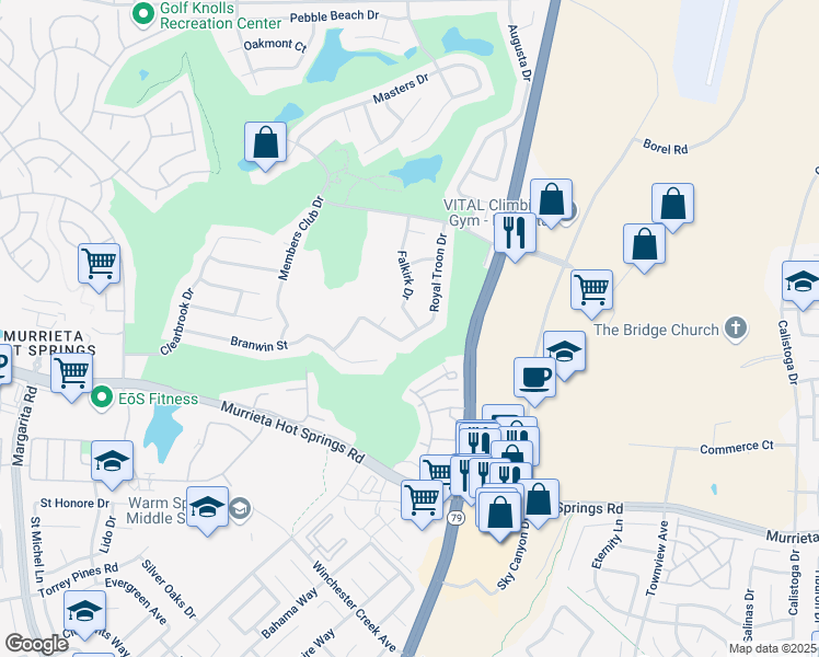 map of restaurants, bars, coffee shops, grocery stores, and more near 38723 Falkirk Drive in Murrieta