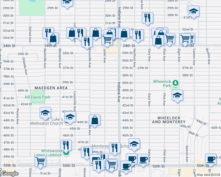map of restaurants, bars, coffee shops, grocery stores, and more near 3414 40th St in Lubbock