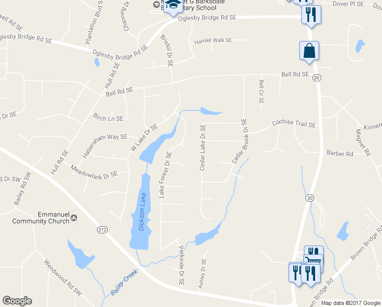 map of restaurants, bars, coffee shops, grocery stores, and more near 631 Tahoe Circle Southeast in Conyers