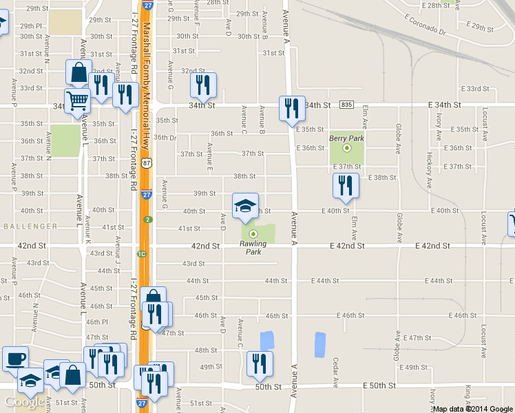 map of restaurants, bars, coffee shops, grocery stores, and more near 310 40th Street in Lubbock