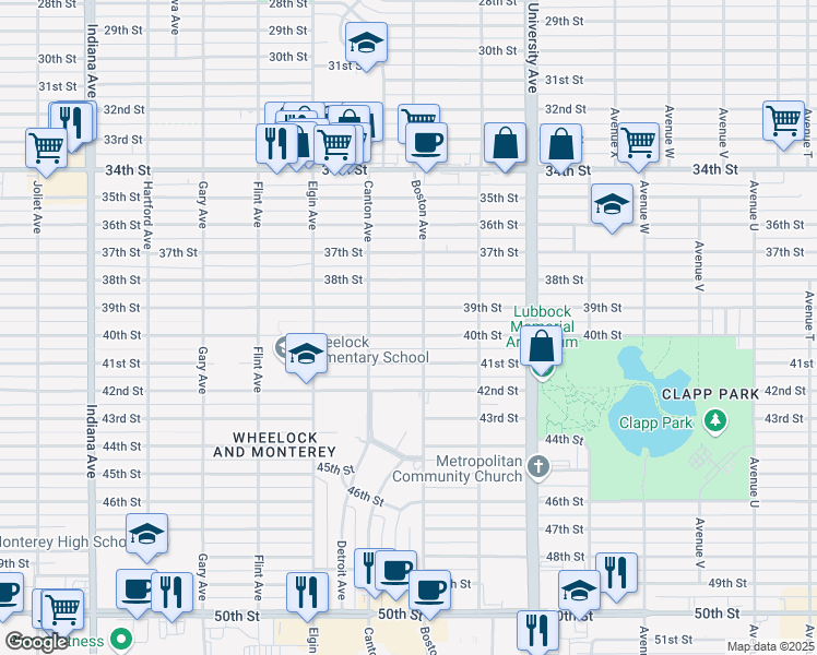 map of restaurants, bars, coffee shops, grocery stores, and more near 2706 40th Street in Lubbock