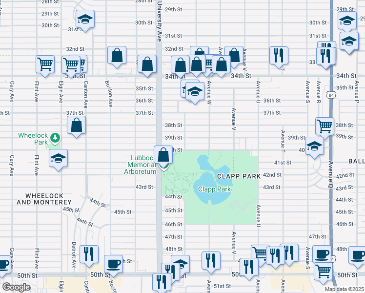 map of restaurants, bars, coffee shops, grocery stores, and more near 2320 40th Street in Lubbock