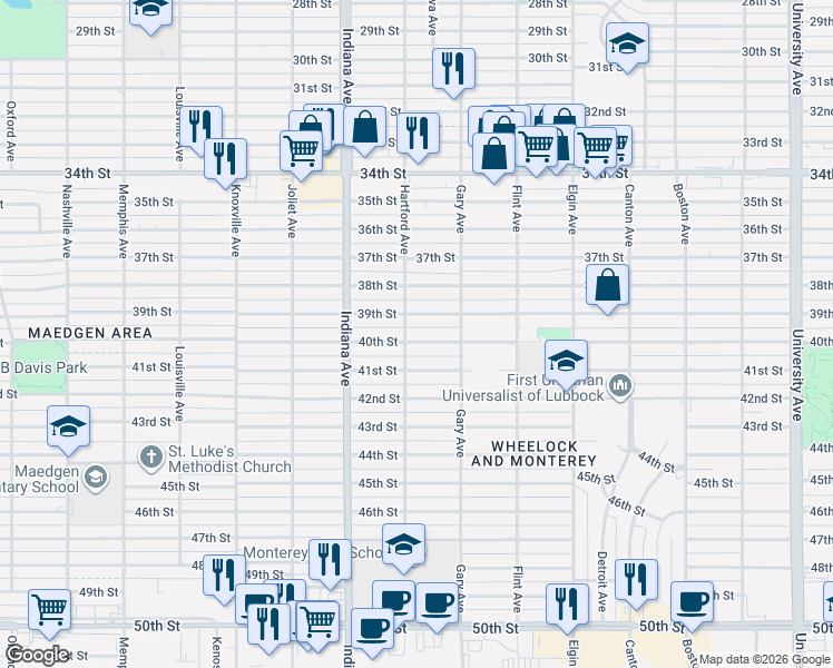 map of restaurants, bars, coffee shops, grocery stores, and more near 3208-3210 40th Street in Lubbock
