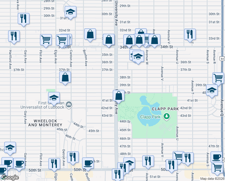 map of restaurants, bars, coffee shops, grocery stores, and more near 2506 40th Street in Lubbock