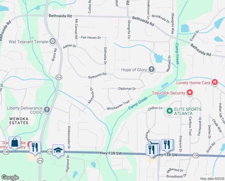 map of restaurants, bars, coffee shops, grocery stores, and more near 1490 Diplomat Drive in Riverdale