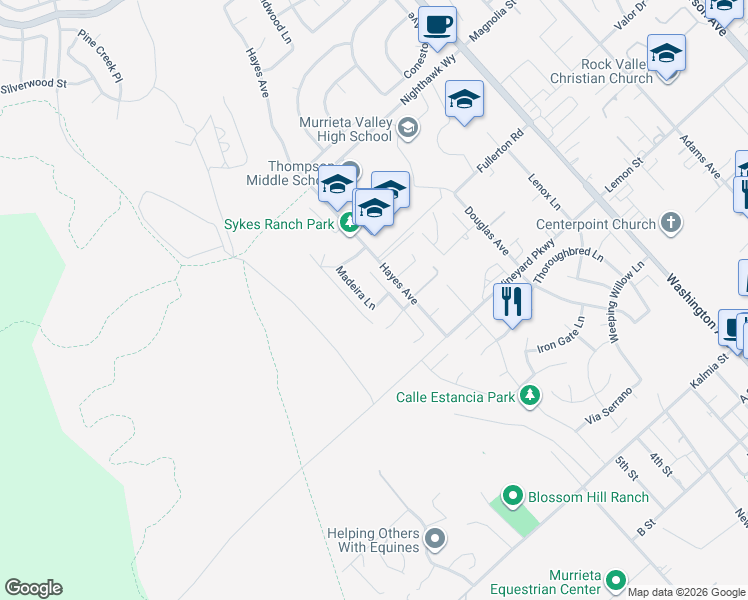 map of restaurants, bars, coffee shops, grocery stores, and more near 24150 Madeira Lane in Murrieta