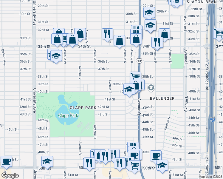 map of restaurants, bars, coffee shops, grocery stores, and more near 1914 40th Street in Lubbock