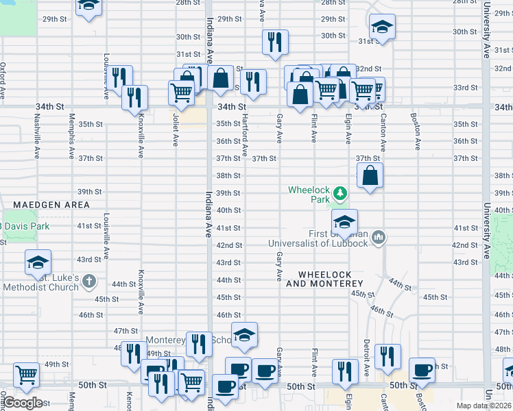 map of restaurants, bars, coffee shops, grocery stores, and more near 3208-3210 40th Street in Lubbock