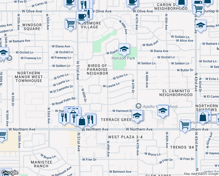 map of restaurants, bars, coffee shops, grocery stores, and more near 4832 West El Caminito Drive in Glendale
