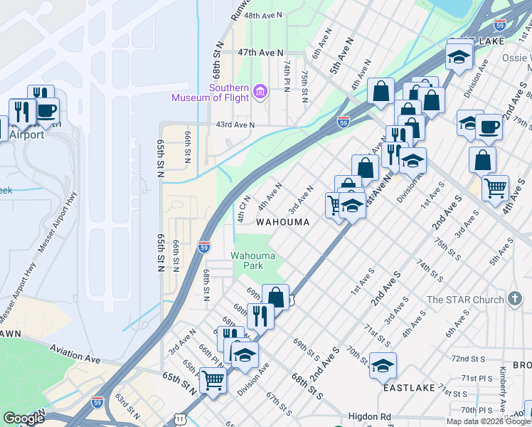 map of restaurants, bars, coffee shops, grocery stores, and more near 316 72nd Street North in Birmingham