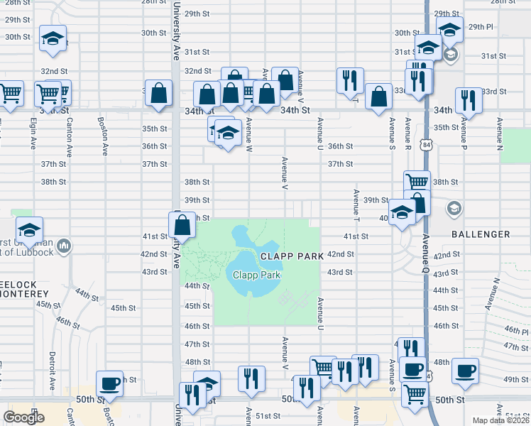 map of restaurants, bars, coffee shops, grocery stores, and more near 2212 40th Street in Lubbock